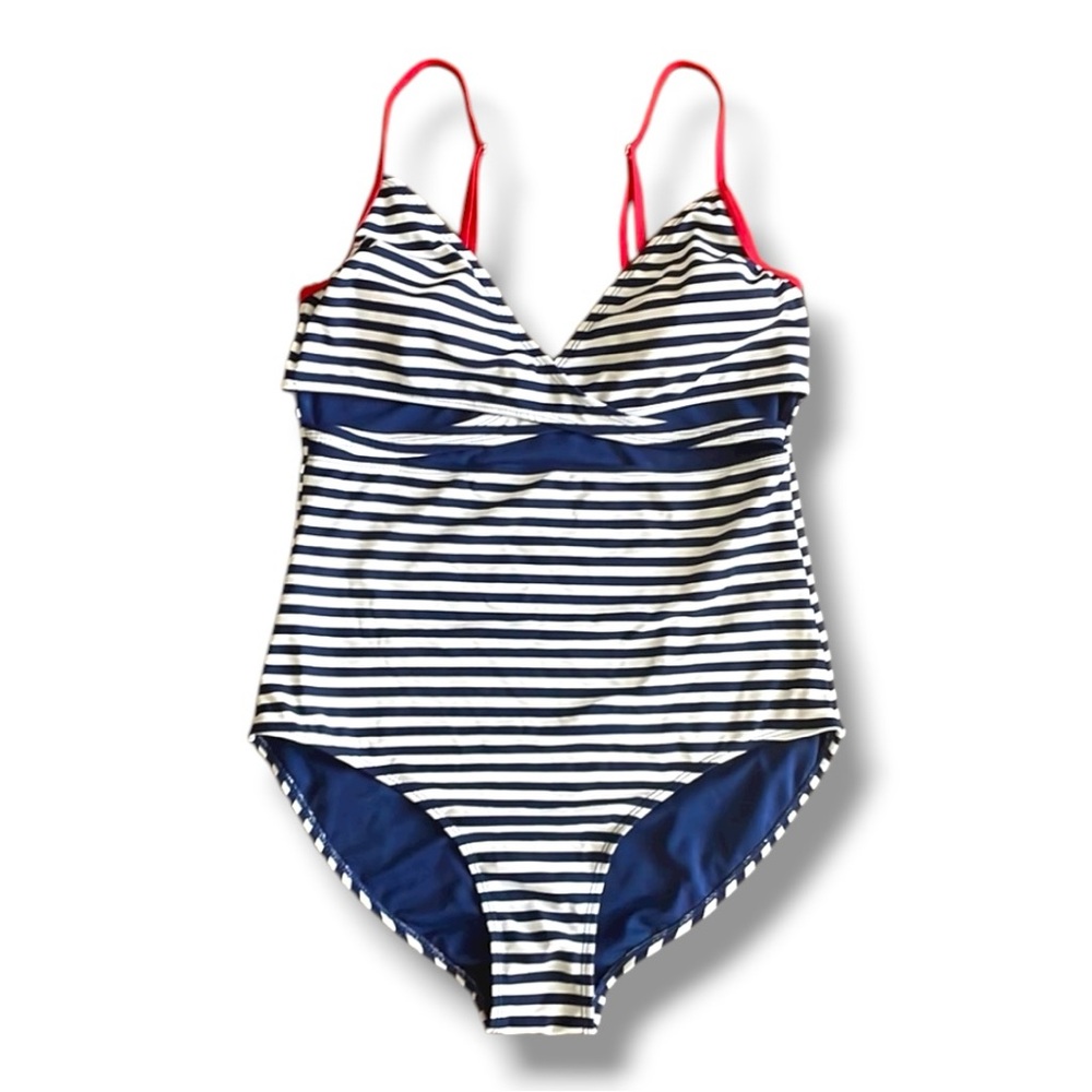 YMI Swimwear Women’s navy/white stripe one piece swimsuit XL red straps VGUC